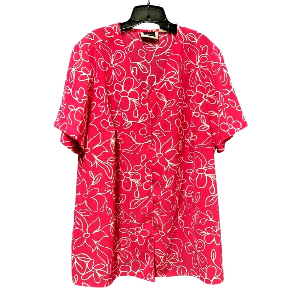 MAGGIE BARNES Thin CREPE Textured FLORAL Button-Up Shirt/Top Pink/White 22W/2X
